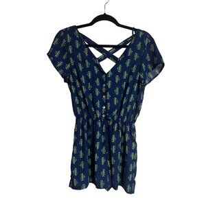Cactus Print Romper By As U Wish - Size S 100% Polyester Blue & Green Made In Ch